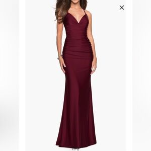 NWT - La Femme - Strappy Back Ruched Mermaid Gown - Dark Berry